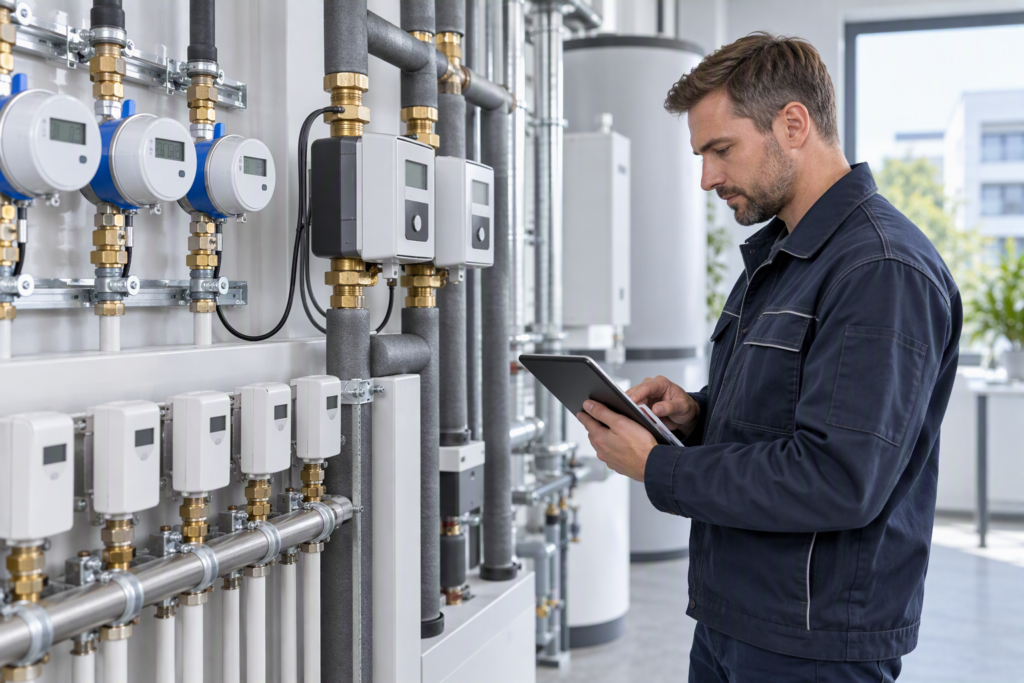Hausverwalter und Immobilieneigentümer prüfen eine digitale Wasserabrechnung anhand von Verbrauchsdaten und Wasserzählern.
