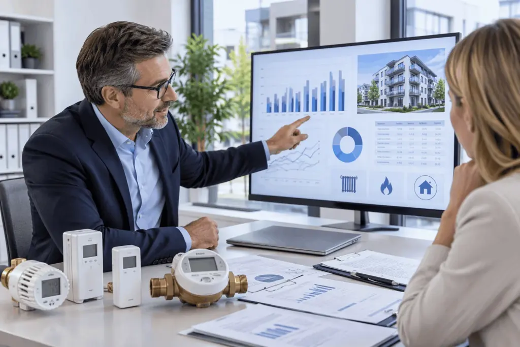 Berater erläutert eine digitale Heizkostenabrechnung mit Verbrauchsdaten und Kostenübersicht in einem modernen Büro.