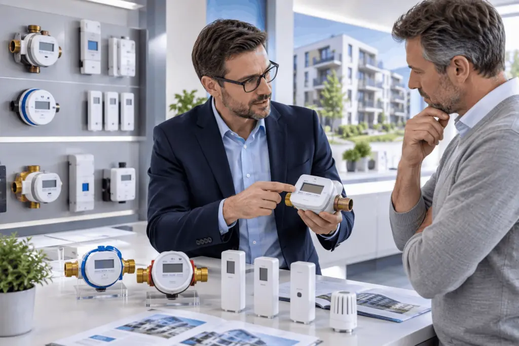 Moderne Wasserzähler, Wärmezähler und Heizkostenverteiler werden einem Immobilieneigentümer von einem Berater präsentiert.