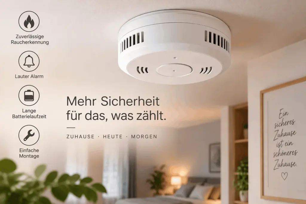 Servicetechniker montiert einen modernen Rauchwarnmelder an der Decke einer Wohnimmobilie.
