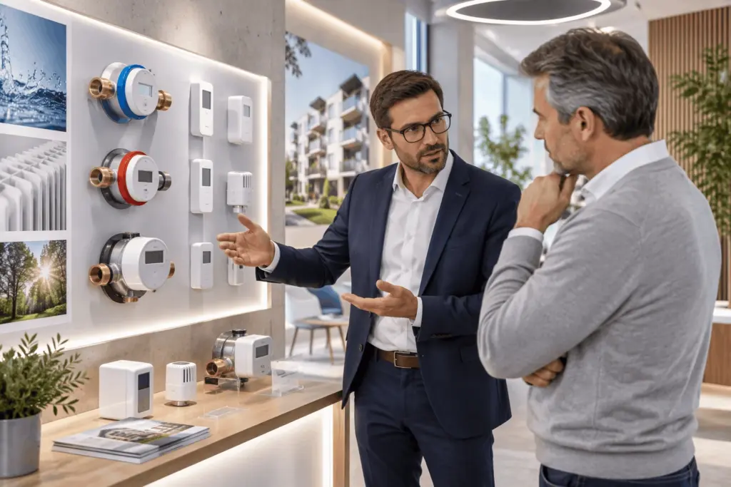 Berater präsentiert moderne Wasserzähler, Wärmezähler und Heizkostenverteiler für die Verbrauchserfassung in Immobilien.