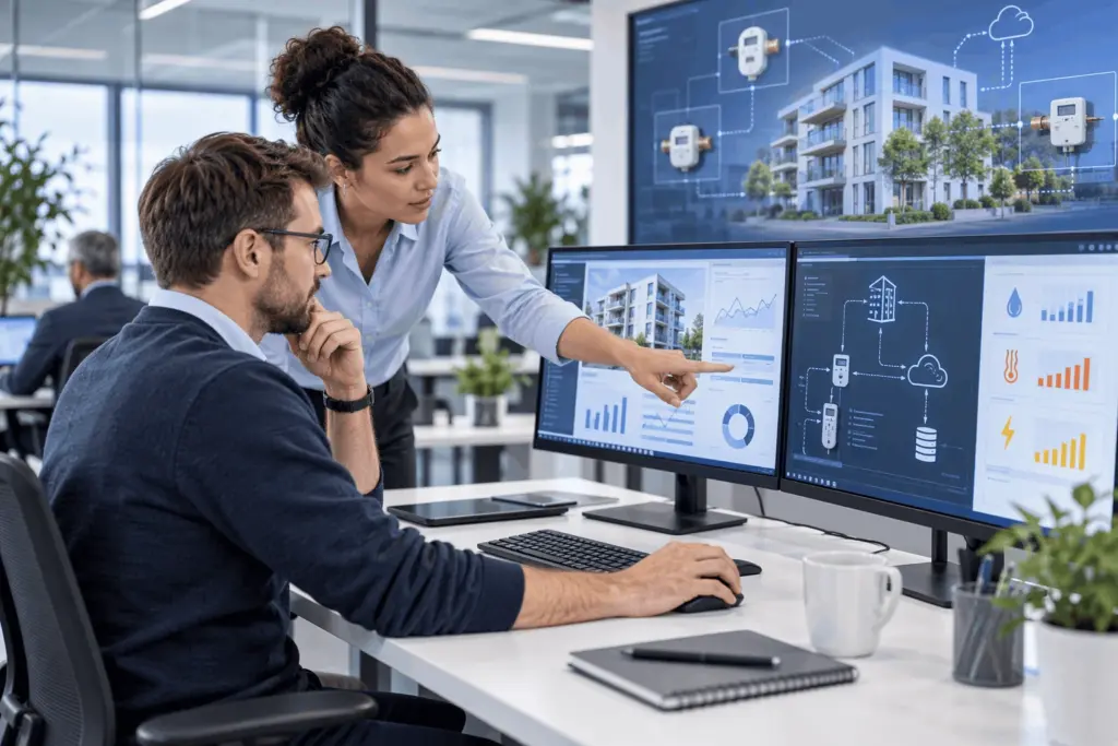Digitale Vernetzung zwischen Gebäudetechnik, Messgeräten und Verwaltungssystemen mit automatisiertem Datenaustausch.
